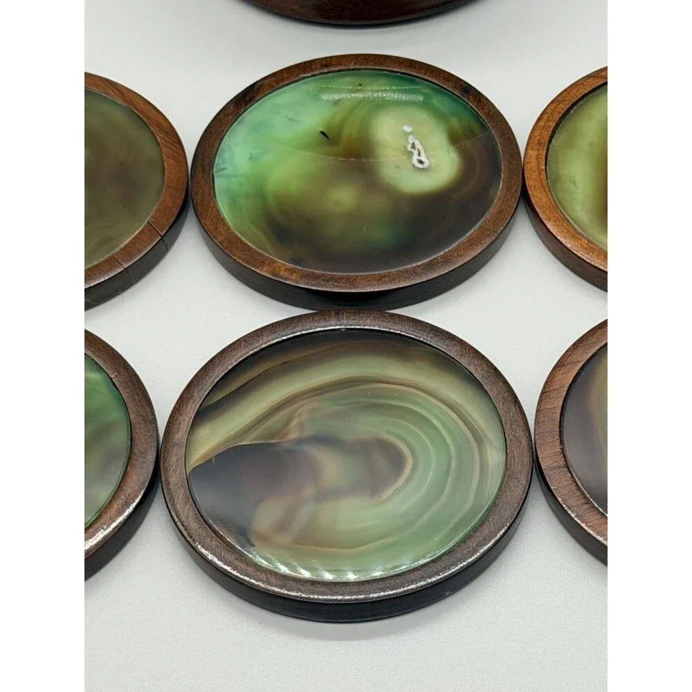 Vintage MCM Green Agate Wood Coaster Set Caddy Novelty Phallic UV Glow 7pc